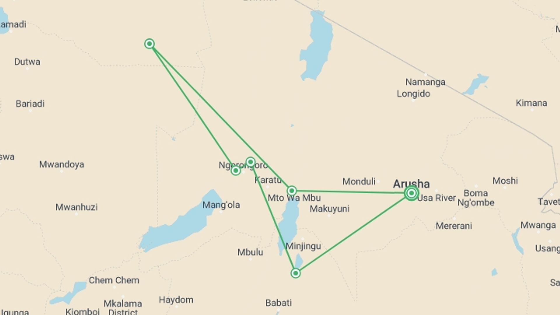 A map showing the tour itinerary for the trip: Northern Tanzania Circuit, starting in Arusha, Tanzania and ending in Arusha, Tanzania going through 5 other destinations.