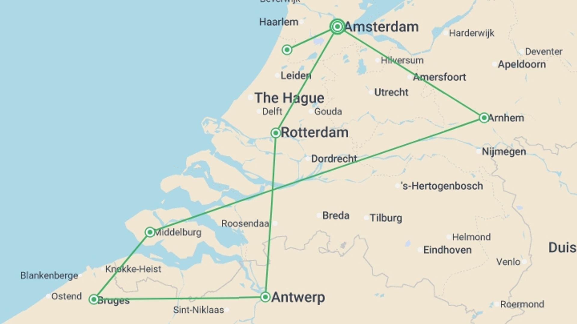 A map showing the tour itinerary for the trip: Holland and Belgium Springtime River Cruise , starting in Amsterdam, Holland and ending in Amsterdam, Holland going through 5 other destinations.