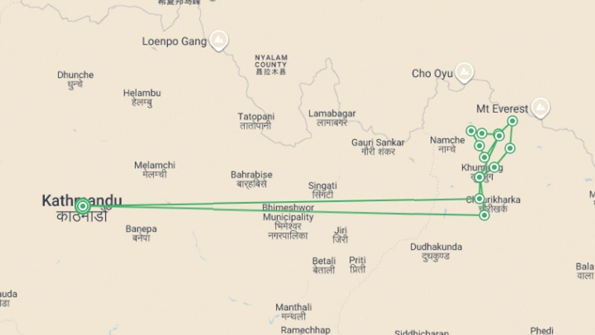 A map showing the tour itinerary for the trip: Everest & Gokyo Lakes Circuit, starting in Kathmandu, Nepal and ending in Kathmandu, Nepal going through 12 other destinations.