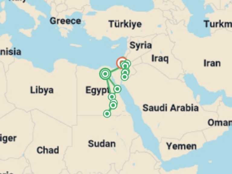 Map of Luxor Explorer Tour with 12 destination visits for the trip: Budget Felucca Explorer, Jordan & Israel - 18 days