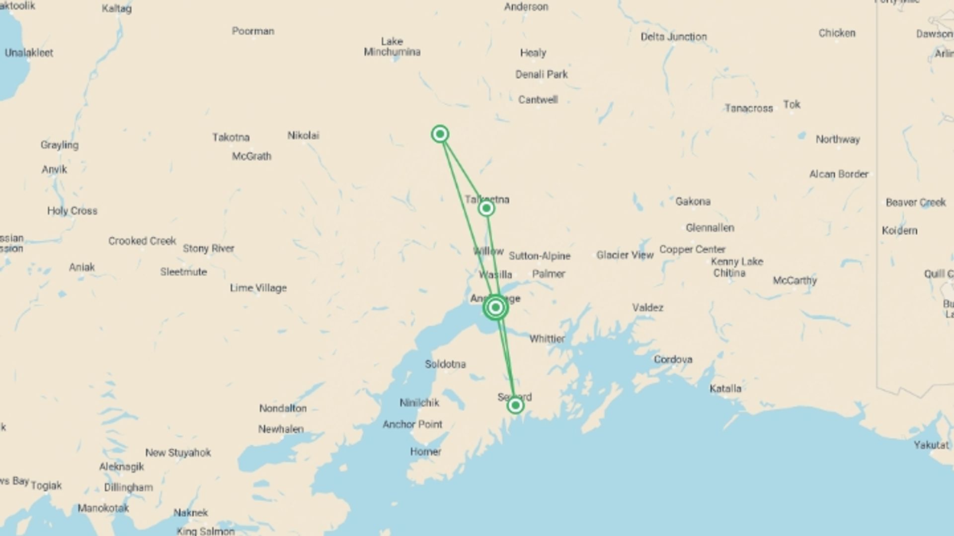 A map showing the tour itinerary for the trip: Alaska Family Journey: Wilderness Explorer, starting in Anchorage, USA and ending in Anchorage, USA going through 3 other destinations.