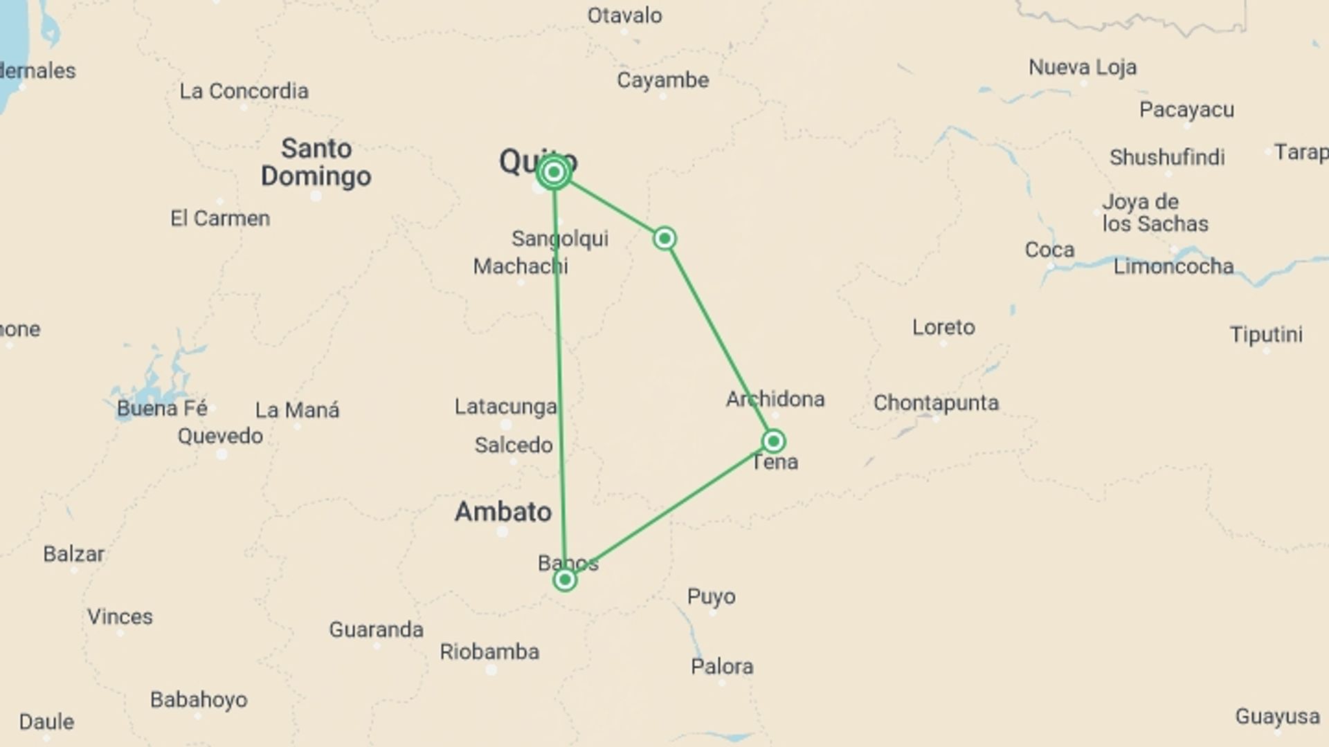 A map showing the tour itinerary for the trip: Ecuador Quest, starting in Quito, Ecuador and ending in Quito, Ecuador going through 3 other destinations.