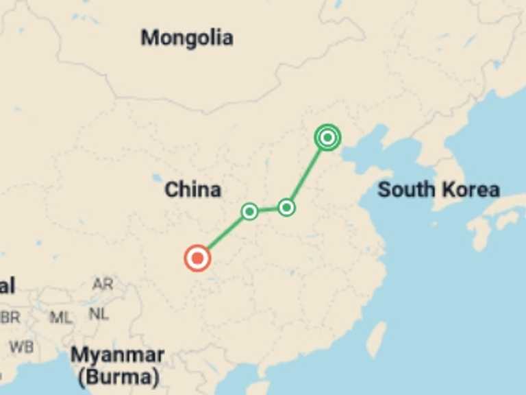 Map of China Tour with 4 destination visits for the trip: Great Wall & Giant Pandas - 10 days