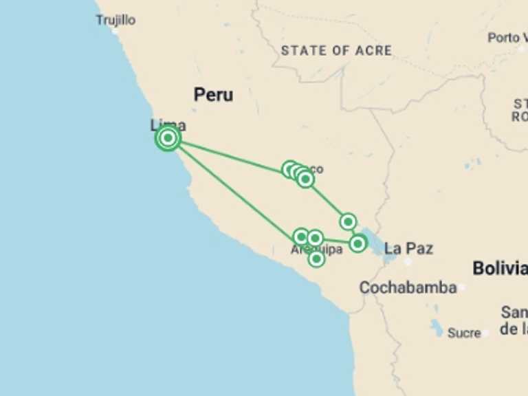 Map itinerary of Lima Tour in July 2026 with 7 destination visits for the trip: The Richness Of Southern Peru, Private Tour