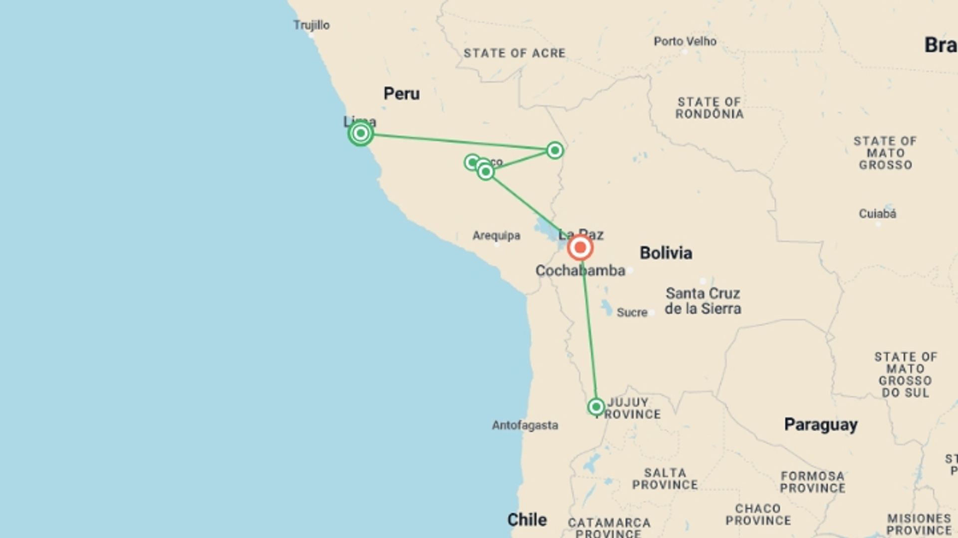 A map showing the tour itinerary for the trip: Peru and Bolivia Explorer, starting in Lima, Peru and ending in La Paz, Bolivia going through 6 other destinations.
