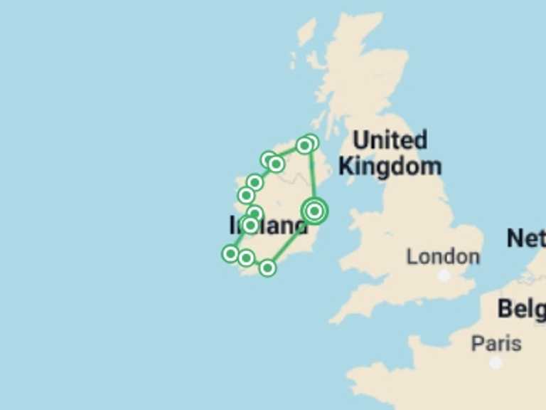 Map of Dublin Tour with 6 destination visits for the trip: The Full Irish – 11 Days