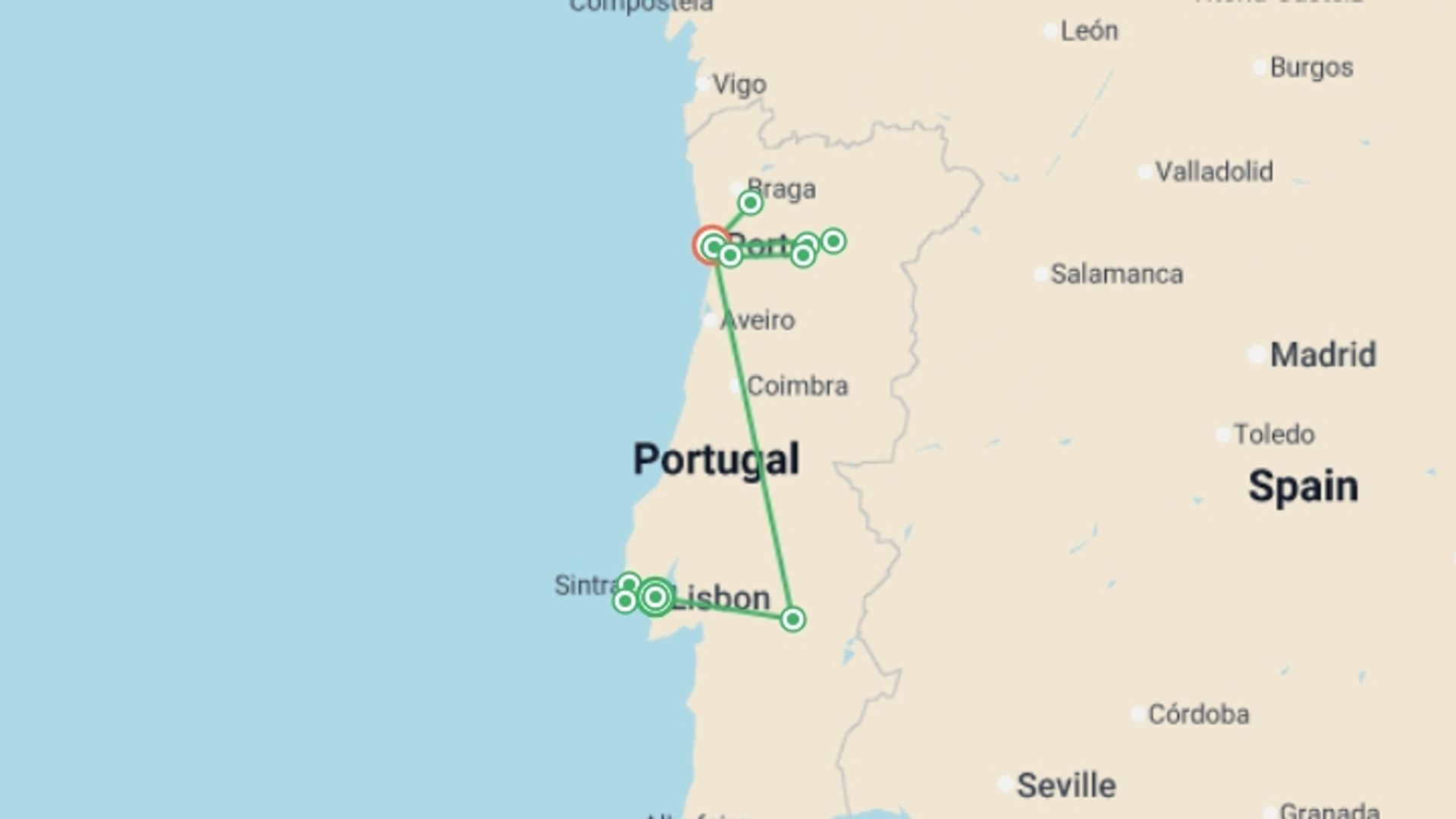 A map showing the tour itinerary for the trip: Lisbon, Porto & The Douro Cruise - 10 days, starting in Lisbon, Portugal and ending in Porto, Portugal going through 4 other destinations.