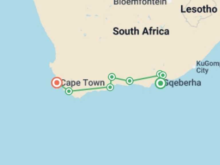 Map itinerary of Africa Tour in April 2027 with 7 destination visits for the trip: Cape Town & the Garden Route