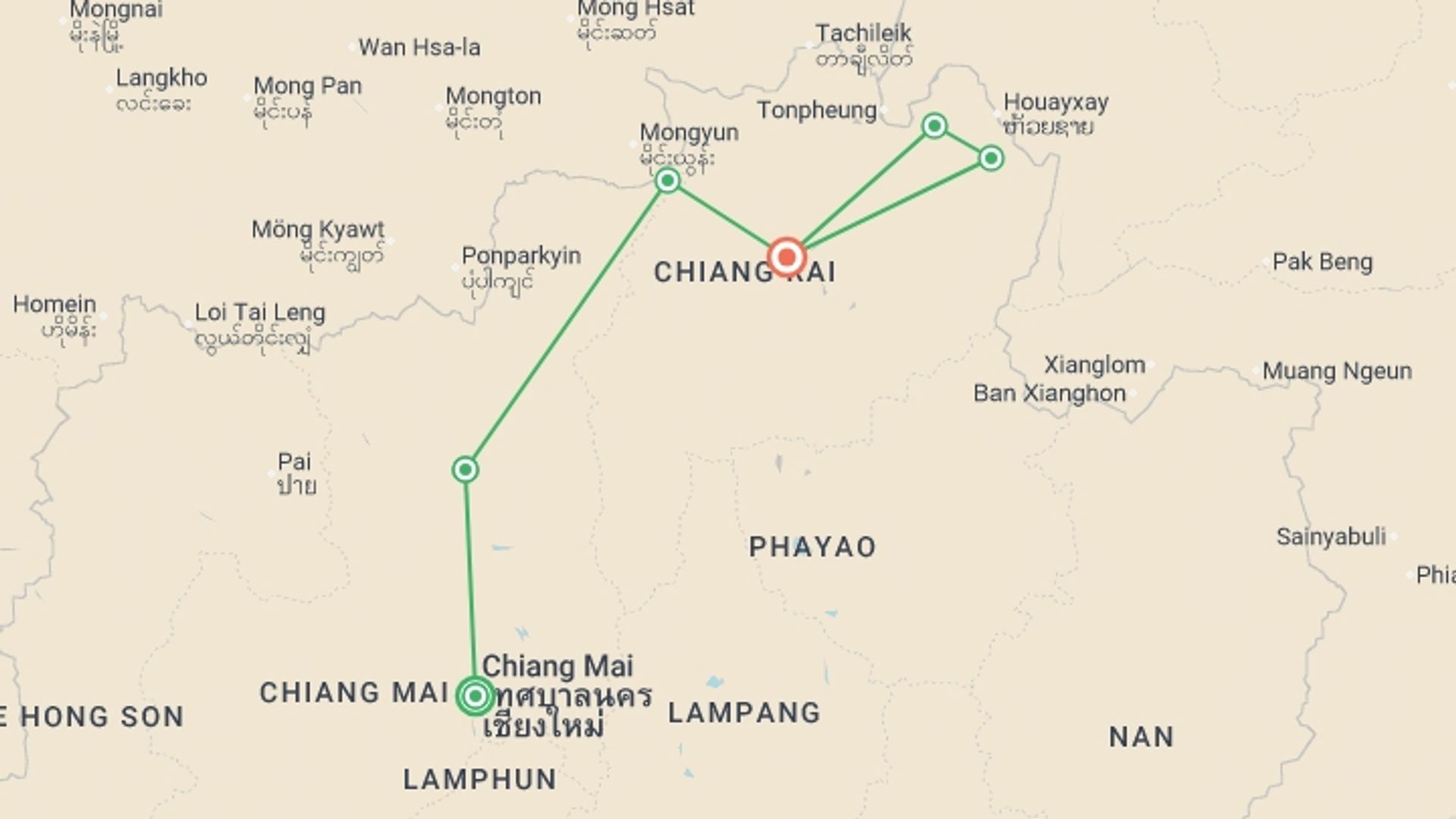 A map showing the tour itinerary for the trip: Chiang Mai to the Mekong by Gravel Bike, starting in Chiang Mai, Thailand and ending in Chiang Rai, Thailand going through 4 other destinations.