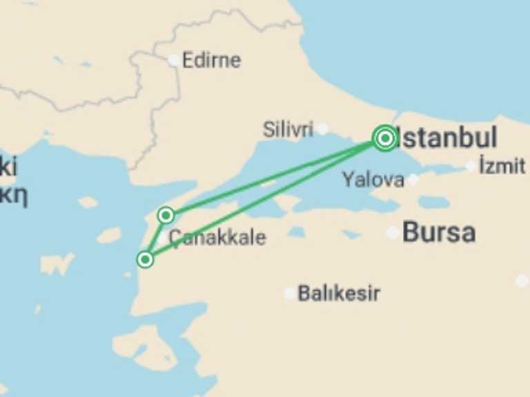 Map itinerary of Istanbul Tour in October 2026 with 2 destination visits for the trip: Gallipoli & Troy - 4 days