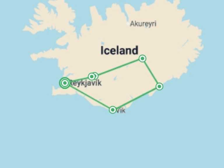 Map of 6-Day Reykjavik Tour with 6 destination visits for the trip: Private Icelandic Winter Family Adventure