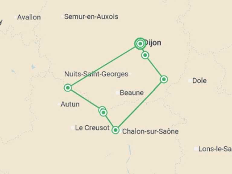 Map of France Tour with 6 destination visits for the trip: Fine Food and Wines on a Cruise through the Burgundy Region (port-to-port cruise)
