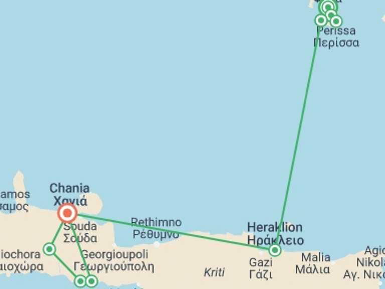 Map itinerary of Heraklion Tour in July 2026 with 7 destination visits for the trip: Santorini and Crete Walk