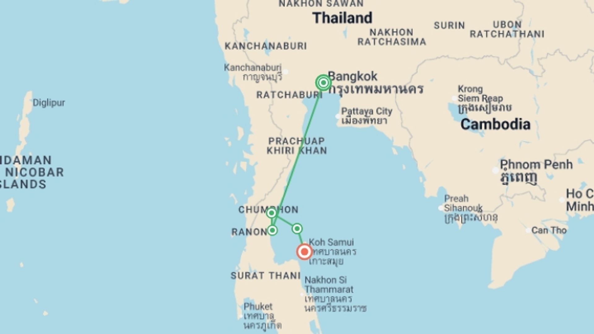 A map showing the tour itinerary for the trip: Thailand Beaches: Bangkok to Ko Samui, starting in Bangkok, Thailand and ending in Ko Samui, Thailand going through 3 other destinations.