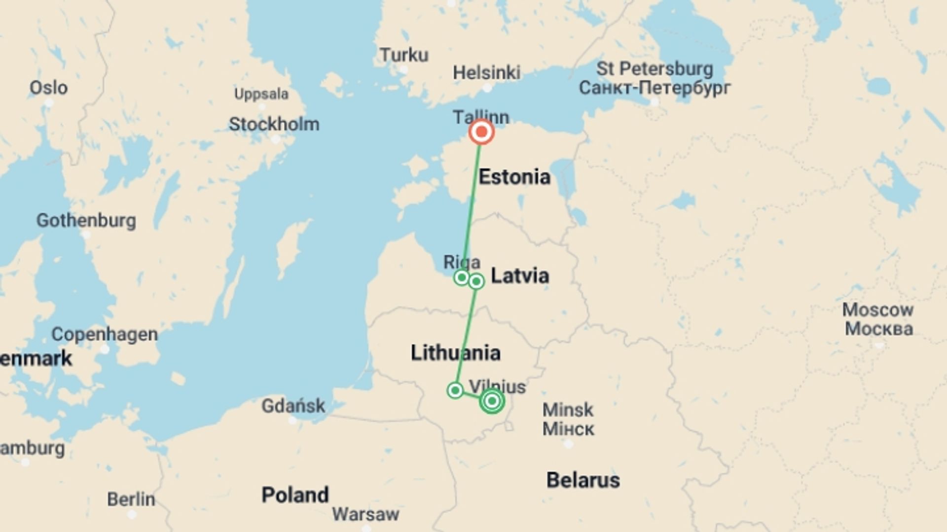 A map showing the tour itinerary for the trip: Baltic Capital Cities, starting in Vilnius, Lithuania and ending in Tallinn, Estonia going through 0 other destinations.