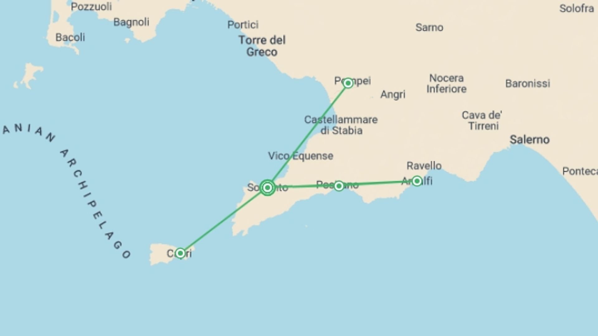 A map showing the tour itinerary for the trip: Sorrento, Amalfi & Capri - 8 days, starting in Sorrento, Italy and ending in Sorrento, Italy going through 0 other destinations.