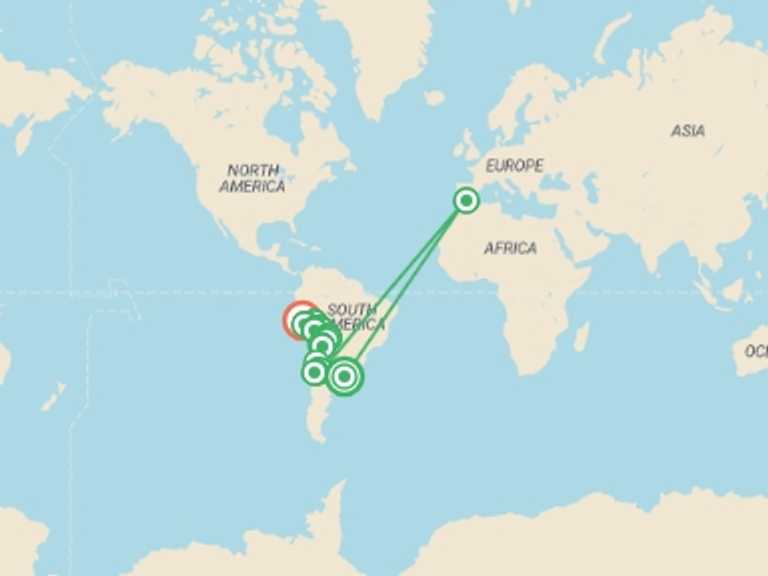 Map itinerary of San Pedro De Atacama Tour in Summer with 22 destination visits for the trip: Buenos Aires to Lima (via Uyuni) Travel Pass