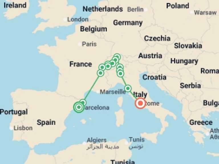 Map itinerary of Europe Tour in June 2026 with 7 destination visits for the trip: Spain, Switzerland and Rome