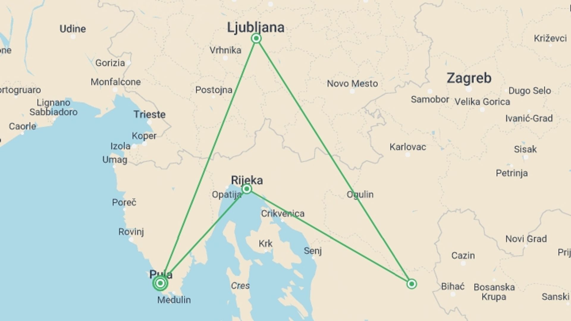 A map showing the tour itinerary for the trip: Green Escapes Of Istria And Slovenia 8 Days, Self-drive, starting in Pula, Croatia and ending in Pula, Croatia going through 3 other destinations.