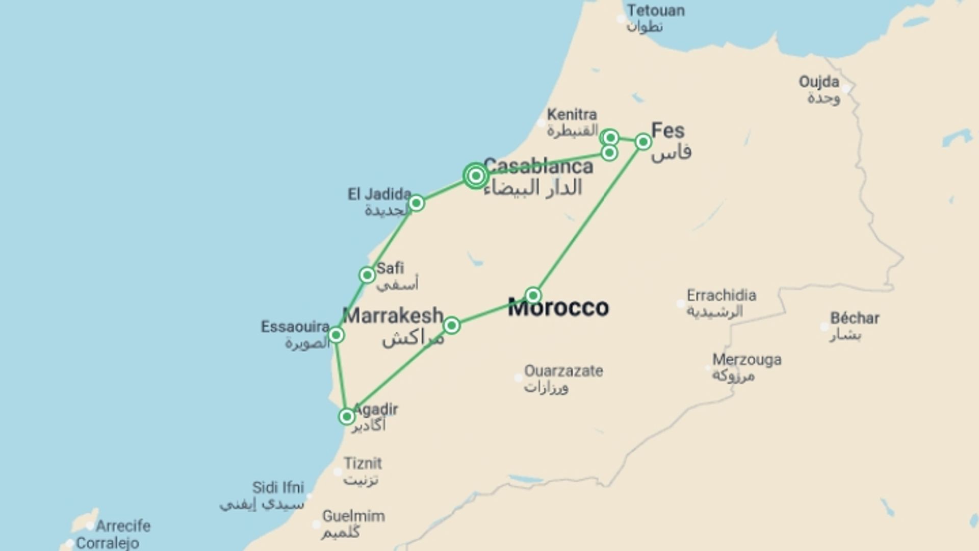 A map showing the tour itinerary for the trip: Imperial Cities and Moroccan Atlantic, starting in Casablanca, Morocco and ending in Casablanca, Morocco going through 5 other destinations.