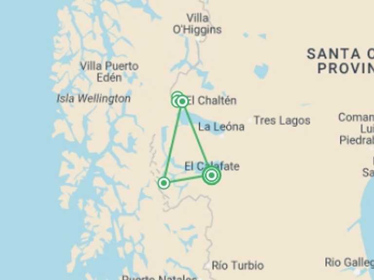 Map itinerary of Patagonia Tour in April 2026 with 2 destination visits for the trip: Fitz Roy & Cerro Torre Treks