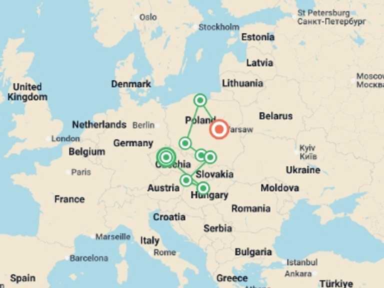 Map of Krakow Explorer Tour with 7 destination visits for the trip: Czech Republic, Budapest, and Wonders of Poland