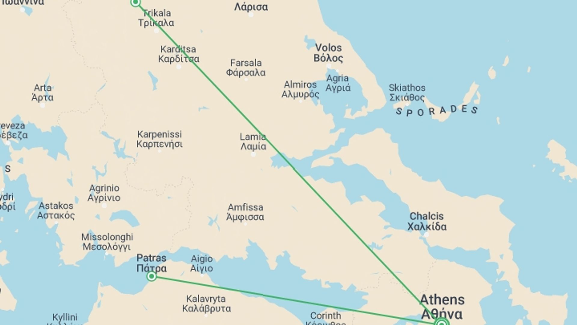 A map showing the tour itinerary for the trip: Highlights of Greece, starting in Athens, Greece and ending in Athens, Greece going through 4 other destinations.