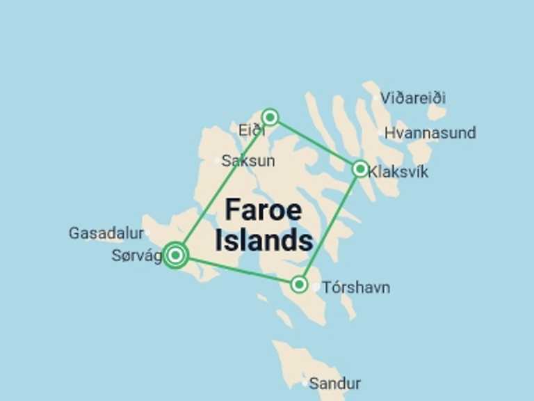 Map itinerary of Europe Tour in May 2026 with 5 destination visits for the trip: Faroe Islands Self Drive - 6 days