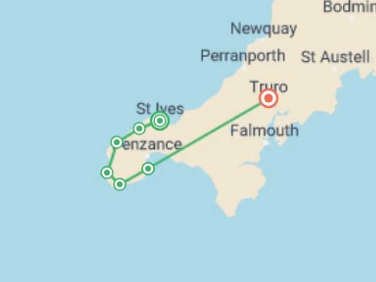Map itinerary of Europe Tour in Fall with 2 destination visits for the trip: Walking The Western Tip of Cornwall