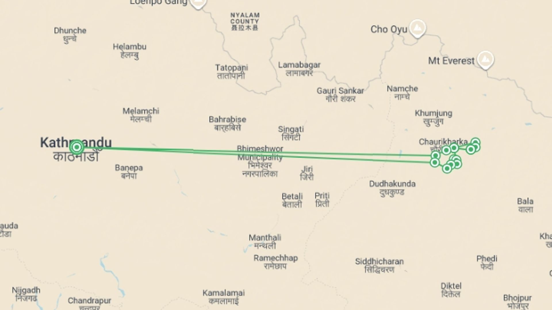 A map showing the tour itinerary for the trip: Mera Peak Climb, starting in Kathmandu, Nepal and ending in Kathmandu, Nepal going through 13 other destinations.