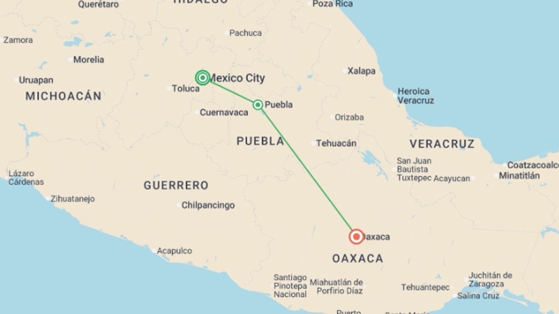 A map showing the tour itinerary for the trip: Journeys: Discover Mexico, starting in Mexico City, Mexico and ending in Oaxaca, Mexico going through 1 other destinations.