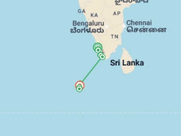 Map of a Adventure Tour with 10 destination visits for the trip: Kerala and Maldives Adventure