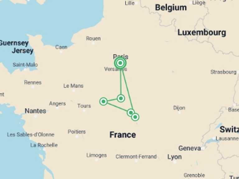 Map of Paris Adventure Tour with 5 destination visits for the trip: Cycle the Loire - Nevers to Orléans