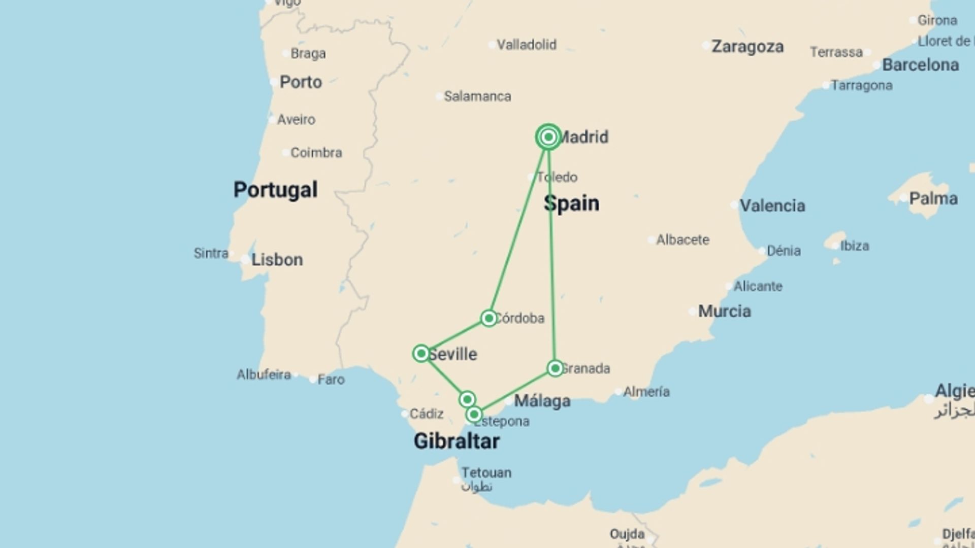 A map showing the tour itinerary for the trip: Madrid to Costa del Sol Express - 5 days, starting in Madrid, Spain and ending in Madrid, Spain going through 3 other destinations.