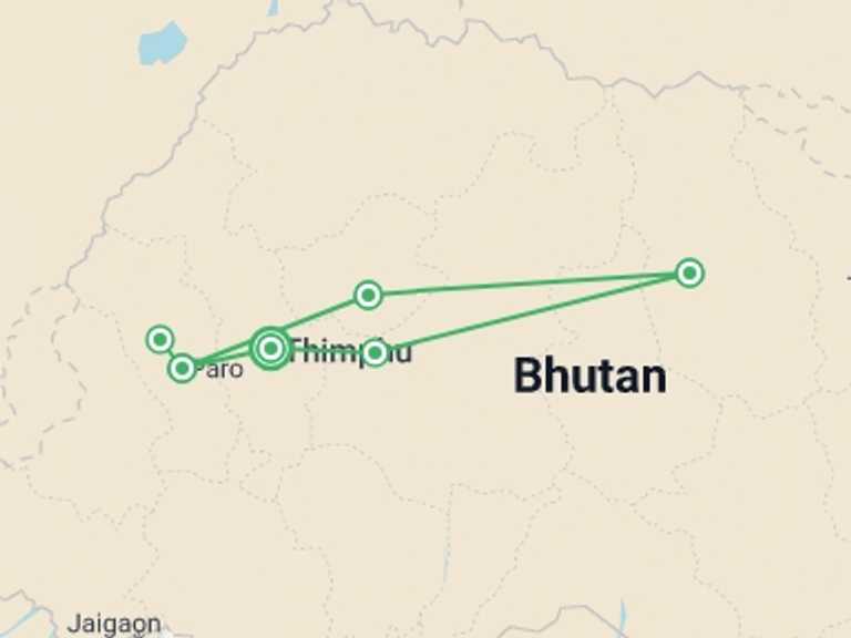 Map itinerary of Asia Tour in October 2026 with 5 destination visits for the trip: Bhutan, 10 Days Tour (on Request)