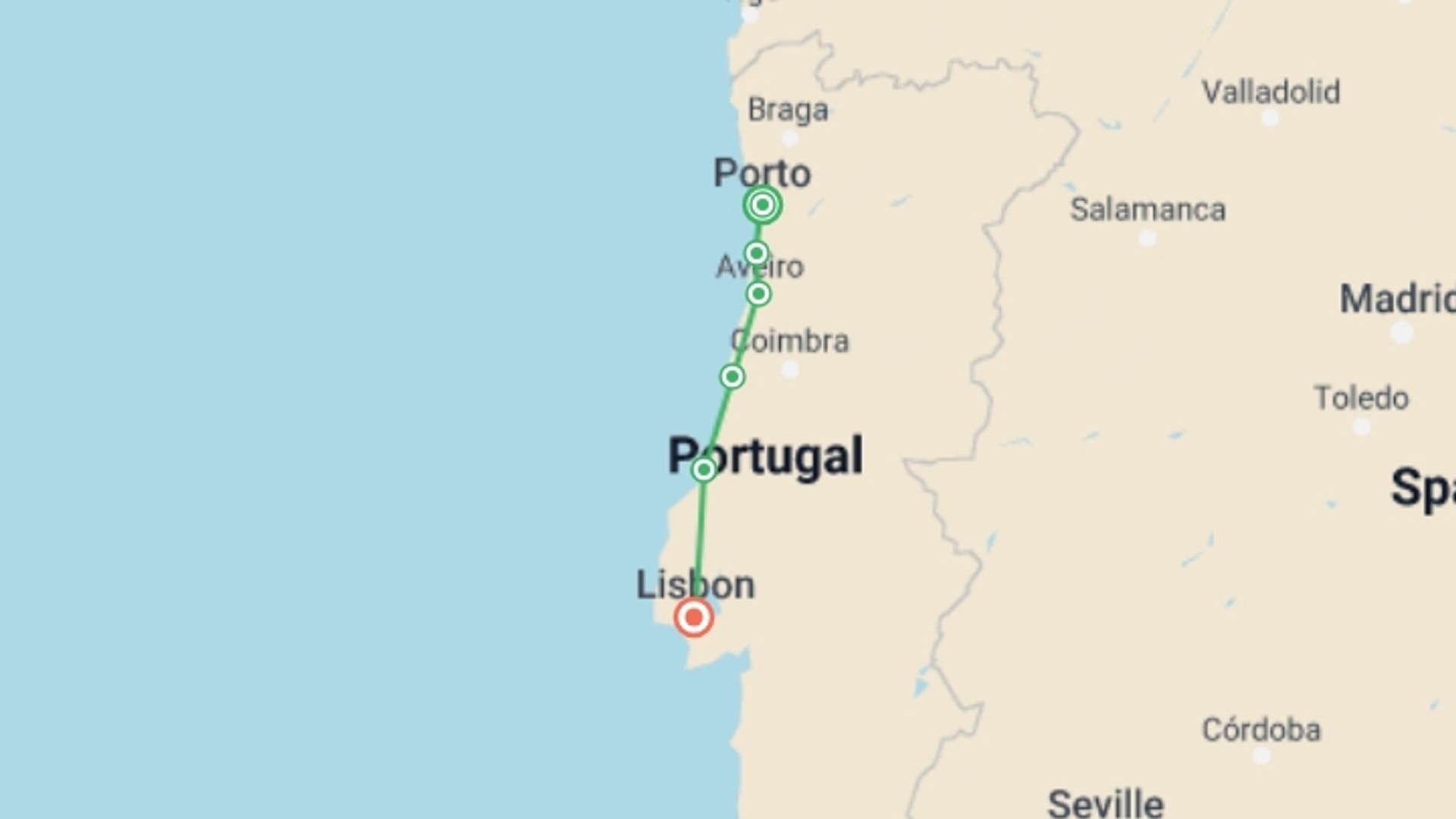 A map showing the tour itinerary for the trip: Porto to Lisbon self guided bike tour, starting in Porto, Portugal and ending in Lisbon, Portugal going through 4 other destinations.
