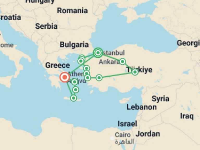 Map of a Explorer Tour with 10 destination visits for the trip: Turkey to Athens & Greek Islands - 18 days