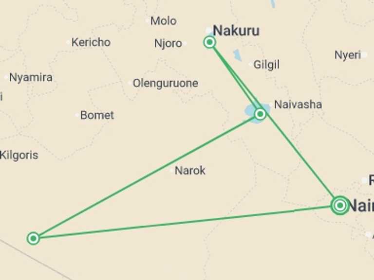 Map of Kenya Tour with 4 destination visits for the trip: Lakes & Masai Mara Interactive Safari 5D/4N (Masai Mara, Lake Nakuru & Lake Naivasha)