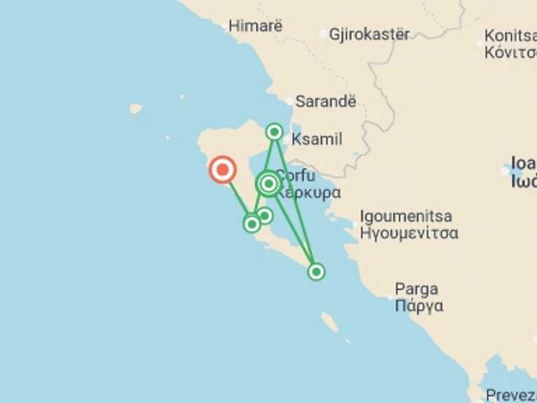 Map of Greece Food Tour with 7 destination visits for the trip: Walking the Corfu Trail (South)