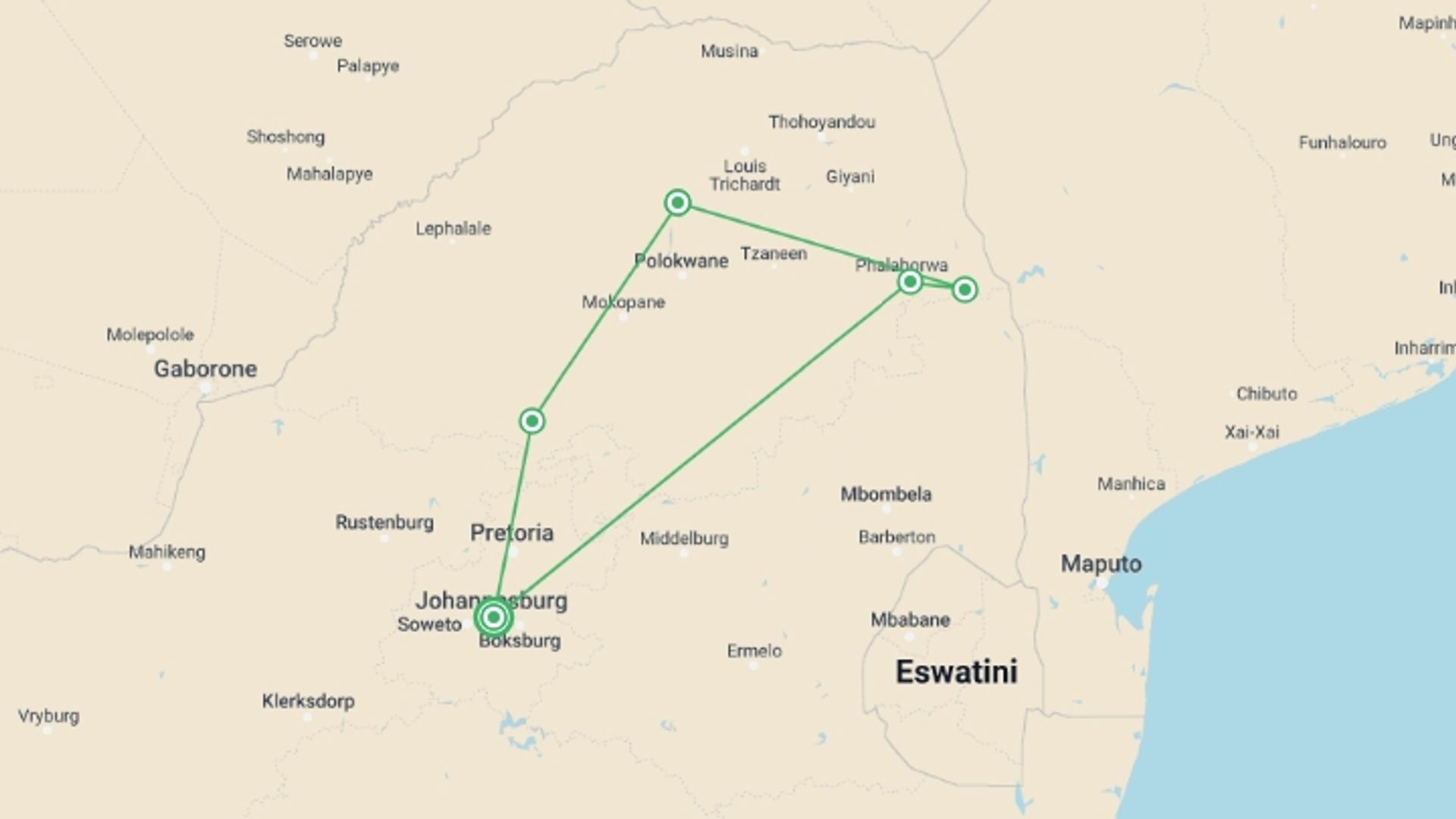 A map showing the tour itinerary for the trip: Venda Cultural Experience & Safari Trip: 7 Days, starting in Johannesburg, South Africa and ending in Johannesburg, South Africa going through 4 other destinations.
