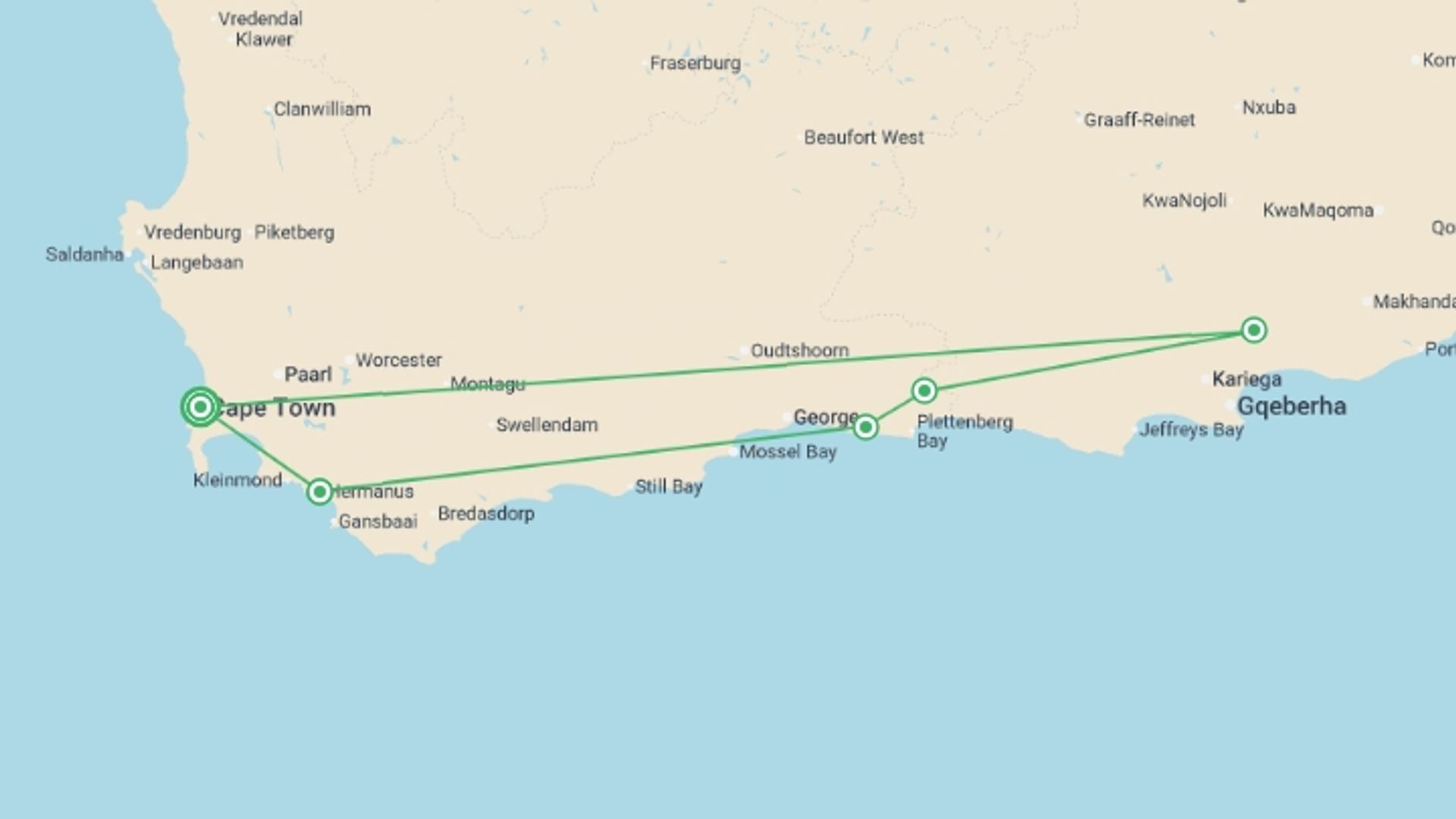 A map showing the tour itinerary for the trip: The Garden Route 10 Days, starting in Cape Town, South Africa and ending in Cape Town, South Africa going through 6 other destinations.