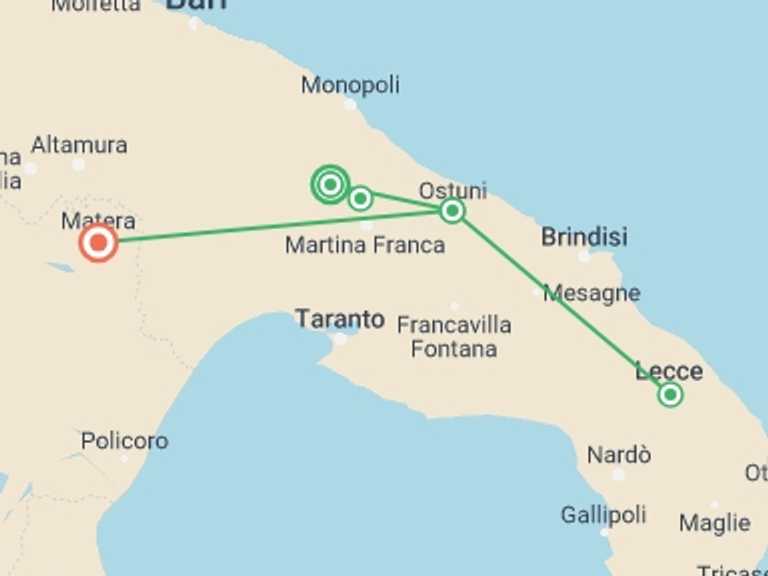 Map of a Farm and plantation visits Tour with 4 destination visits for the trip: Walking in Puglia & Matera