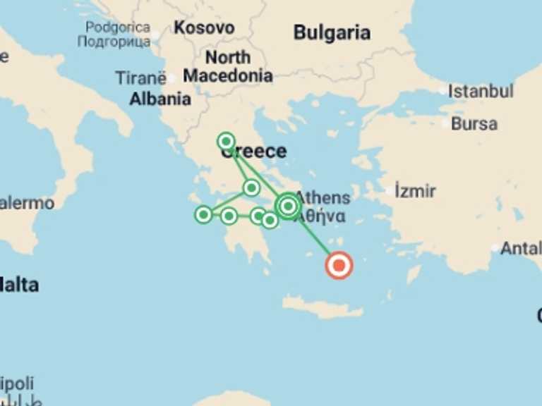 Map itinerary of Balkans Tour in August 2026 with 6 destination visits for the trip: Classical Greece & Santorini - 11 Days