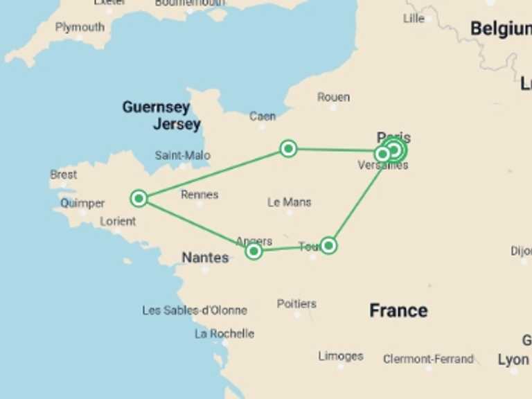 Map of Paris Explorer Tour with 5 destination visits for the trip: Picturesque Solo Paris Normandy and the Loire Valley Tour