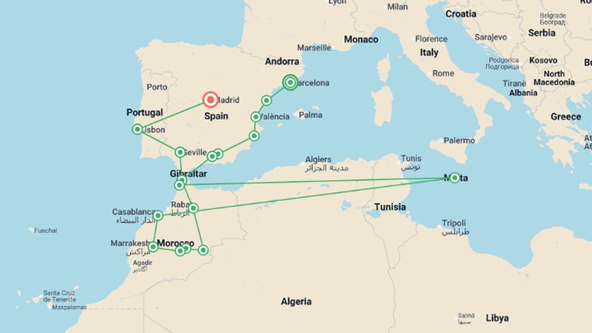 A map showing the tour itinerary for the trip: Spain, Morocco and Portugal (without Alhambra), starting in Barcelona, Spain and ending in Madrid, Spain going through 9 other destinations.