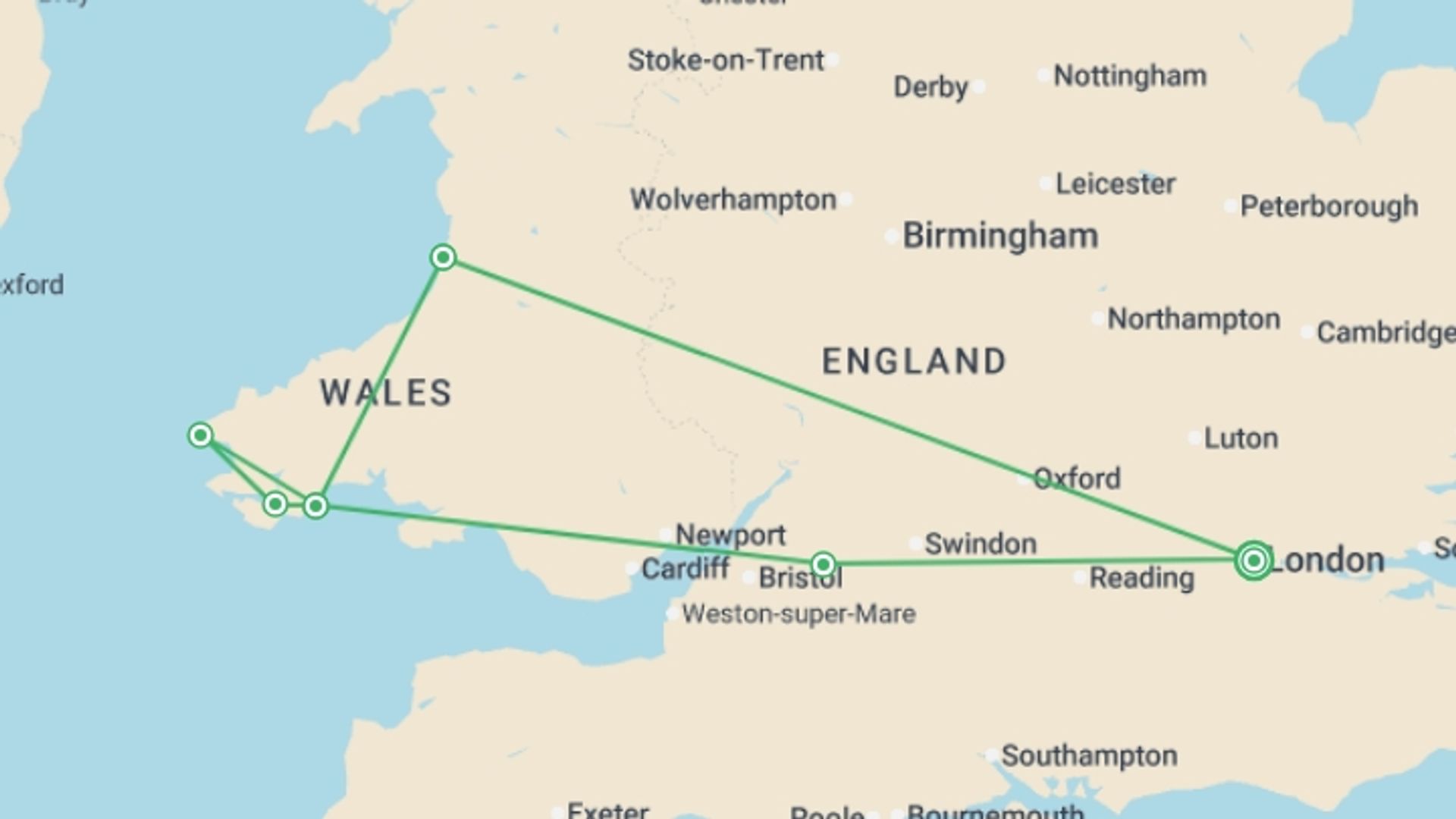 A map showing the tour itinerary for the trip: Welsh Wanderer (Hotel) - 5 days, starting in London, England and ending in London, England going through 2 other destinations.