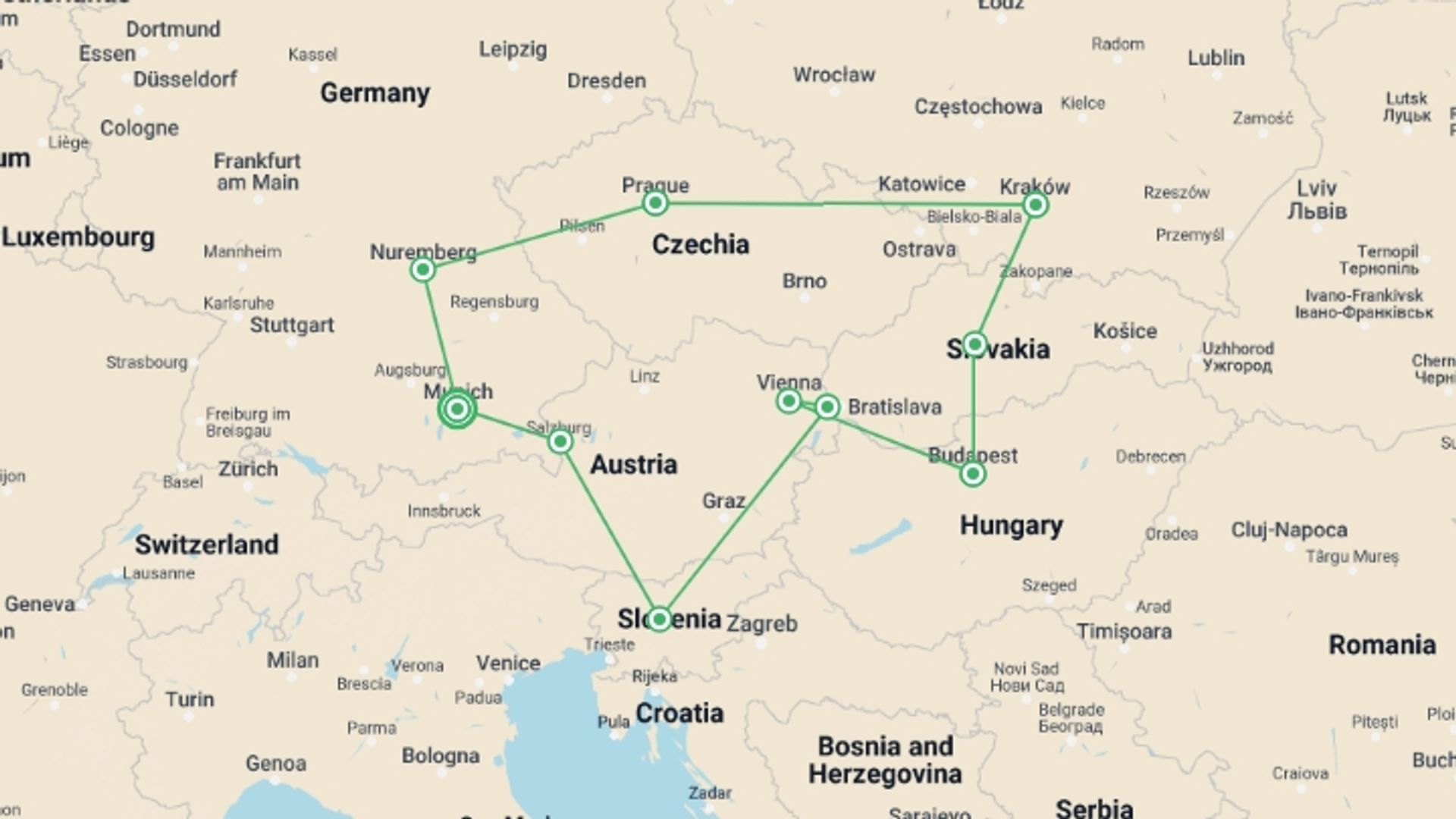 A map showing the tour itinerary for the trip: Eastern Highlights, starting in Munich, Germany and ending in Munich, Germany going through 5 other destinations.