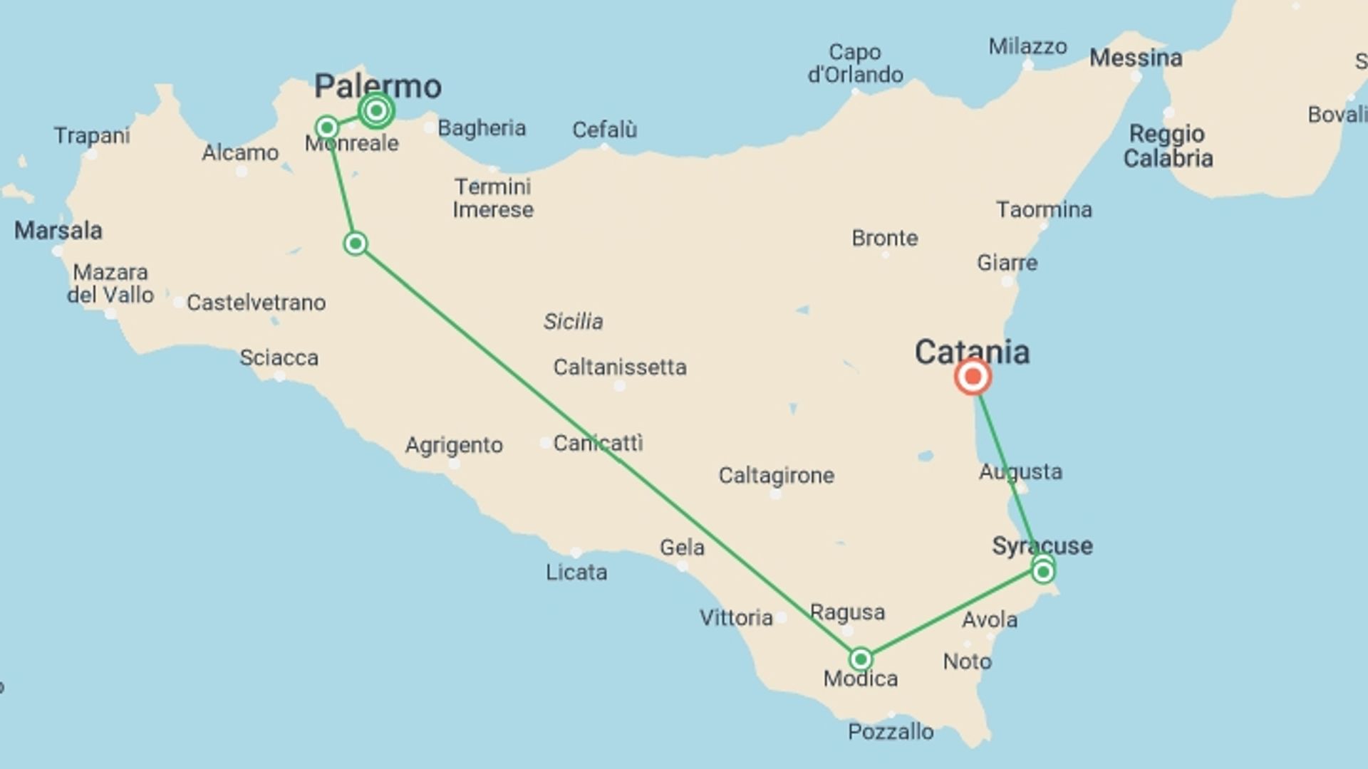A map showing the tour itinerary for the trip: A Taste of Sicily - Palermo to Syracusa, starting in Palermo, Italy and ending in Catania, Italy going through 5 other destinations.