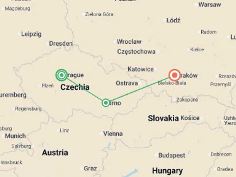 Map itinerary of Europe Tour in June 2026 with 3 destination visits for the trip: Charms of Bohemia and Moravia ending Krakow
