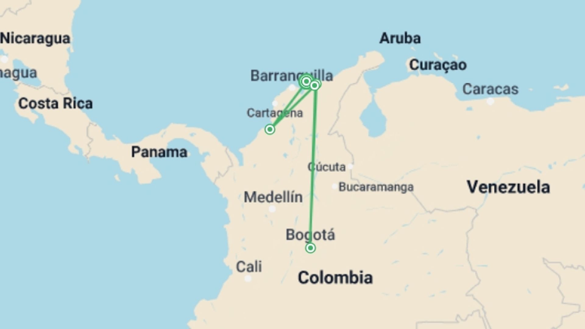 A map showing the tour itinerary for the trip: Colombia -  Lost City Trekking, starting in Santa Marta, Colombia and ending in Santa Marta, Colombia going through 5 other destinations.